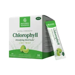 A box of Nature's Sunshine Extra Strength Chlorophyll stick packs in lime twist, with a single sachet beside it