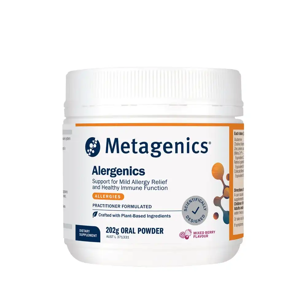 A white 202g tub of Metagenics Alergenics mixed berry oral powder