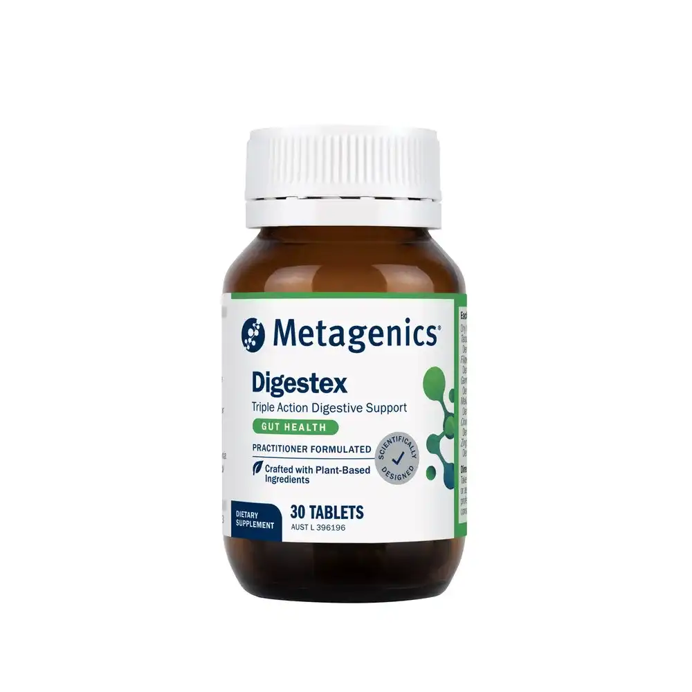 An amber bottle of Metagenics Digestex, 30 tablets