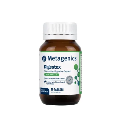 An amber bottle of Metagenics Digestex, 30 tablets