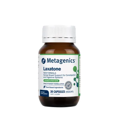 An amber bottle of Metagenics Laxatone, 30 capsules