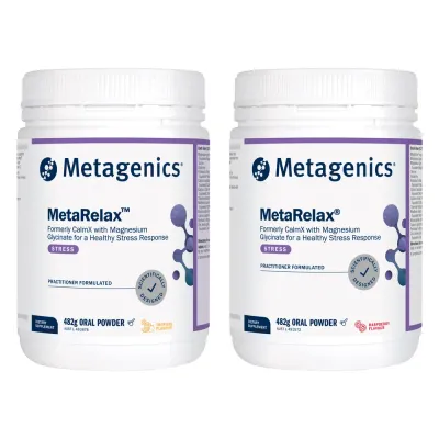 Two 482g tubs of Metagenics MetaRelax oral powder side by side, tropical flavour on the left and raspberry on the right