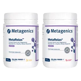 Two 482g tubs of Metagenics MetaRelax oral powder side by side, tropical flavour on the left and raspberry on the right