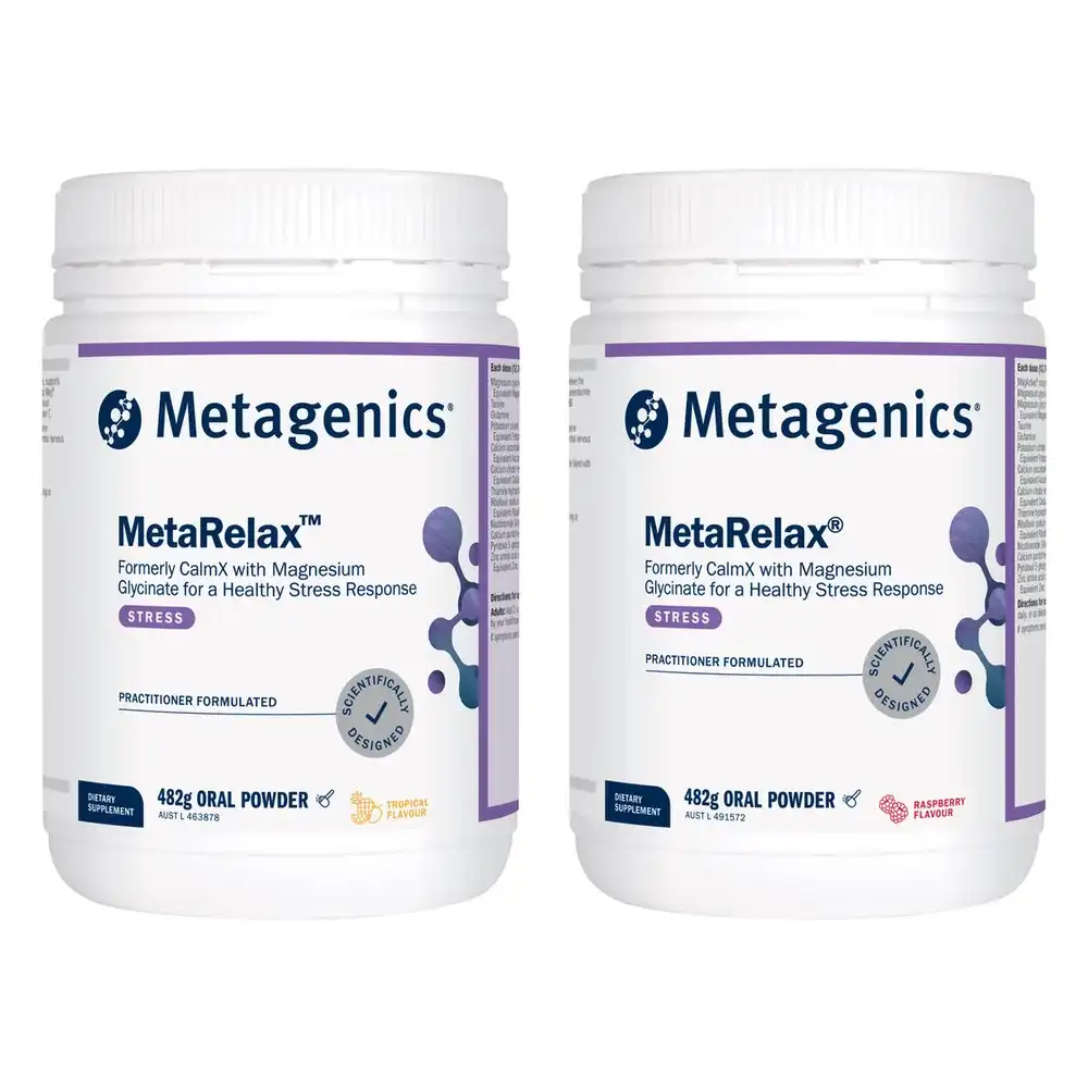 Two 482g tubs of Metagenics MetaRelax oral powder side by side, tropical flavour on the left and raspberry on the right