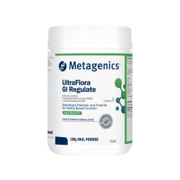 A white 150g tub of Metagenics UltraFlora GI Regulate neutral-flavoured oral powder