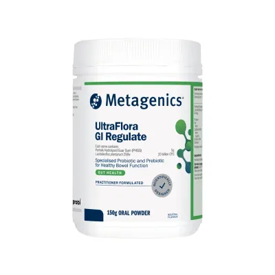 A white 150g tub of Metagenics UltraFlora GI Regulate neutral-flavoured oral powder