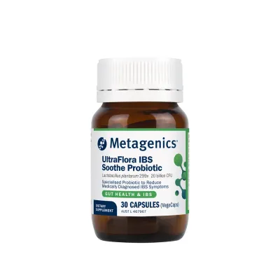 An amber bottle of Metagenics UltraFlora IBS Soothe Probiotic, 30 capsules