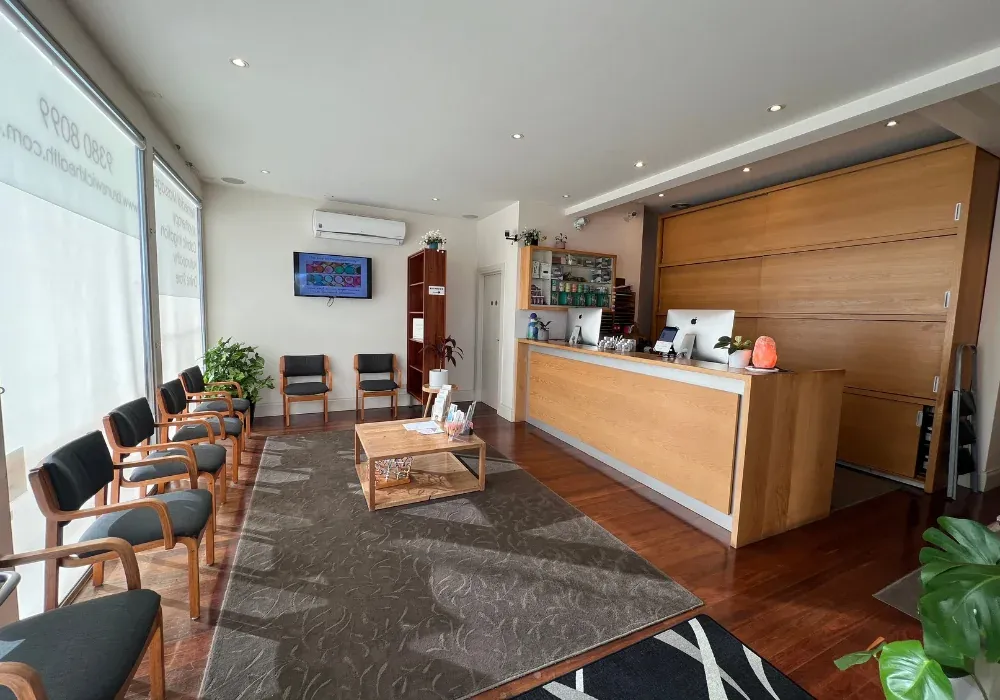 The reception and waiting area at Colonics Hydrotherapy Melbourne, Brunswick West