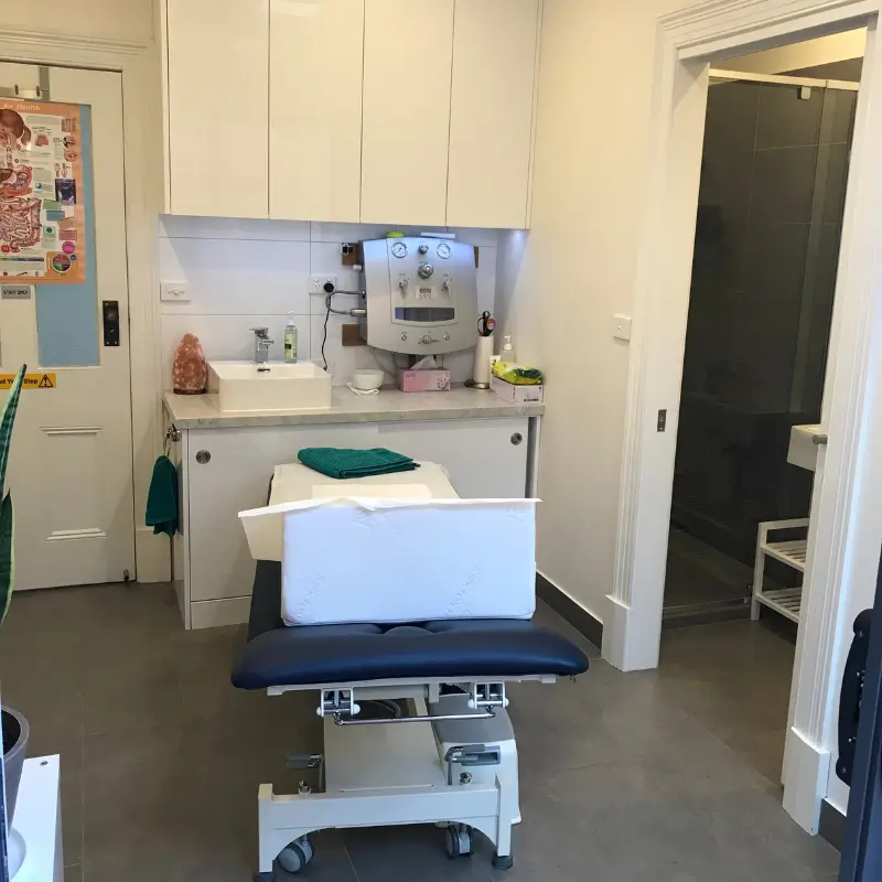 Colonic hydrotherapy treatment room in Melbourne with closed system setup